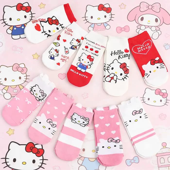 Sanrio 5 paires de chaussettes droites polyvalentes à motif de la série Hello Kitty, à la mode, douces et mignonnes, pour femmes, printemps/été
