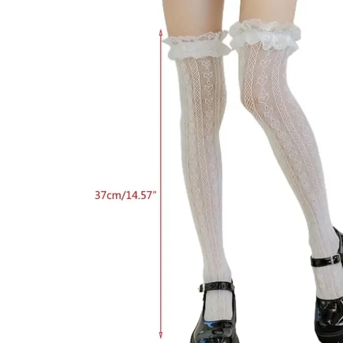 Femmes Lolita résille cuisse haute chaussettes Style japonais coeur rayé dentelle à motifs sur le genou longs bas à volants froufrous Kawaii