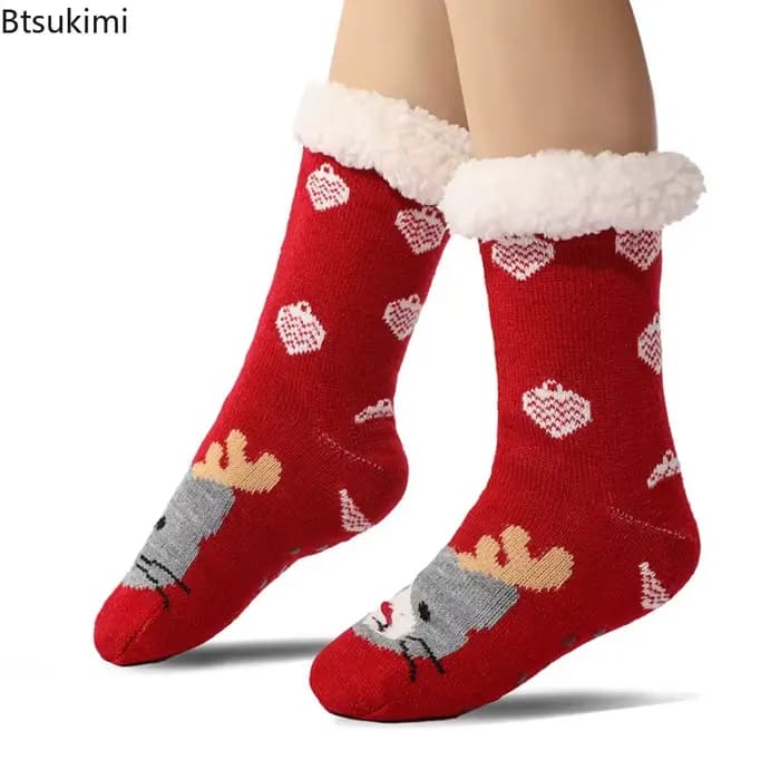 Nouvelles chaussettes pantoufles thermiques douces et chaudes en peluche antidérapantes à rayures pour femmes, collection Noël 2026