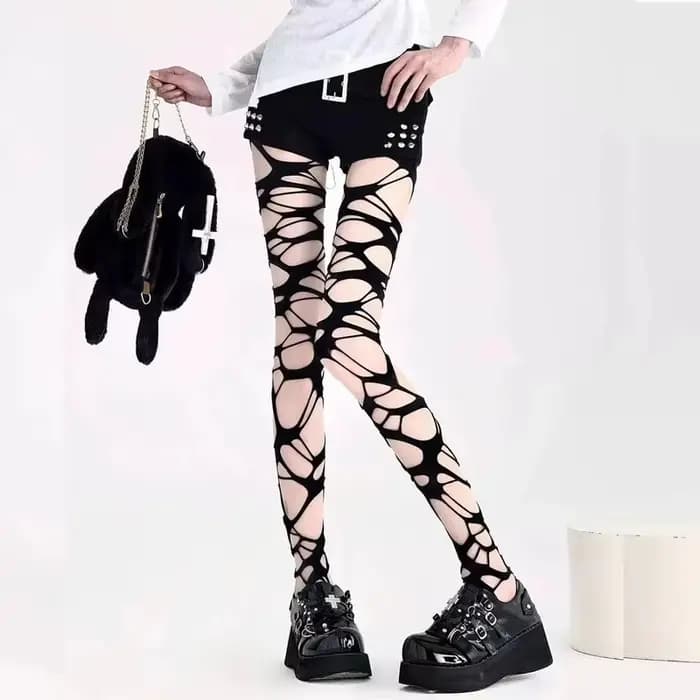 Collants résille noirs sexy déchirés pour femmes