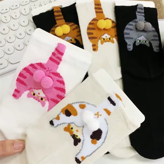 1/2 paires dessin animé chat mignon 3D boules drôles chaussettes Kawaii chaton tricot