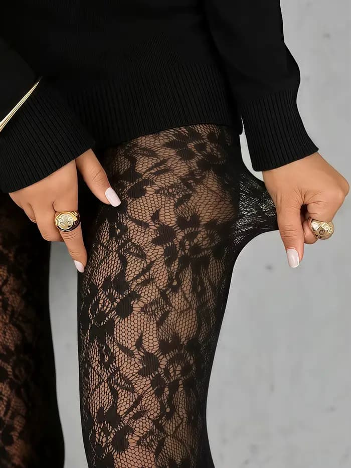 1 paire de collants résille noirs à imprimé tournesol pour femmes
