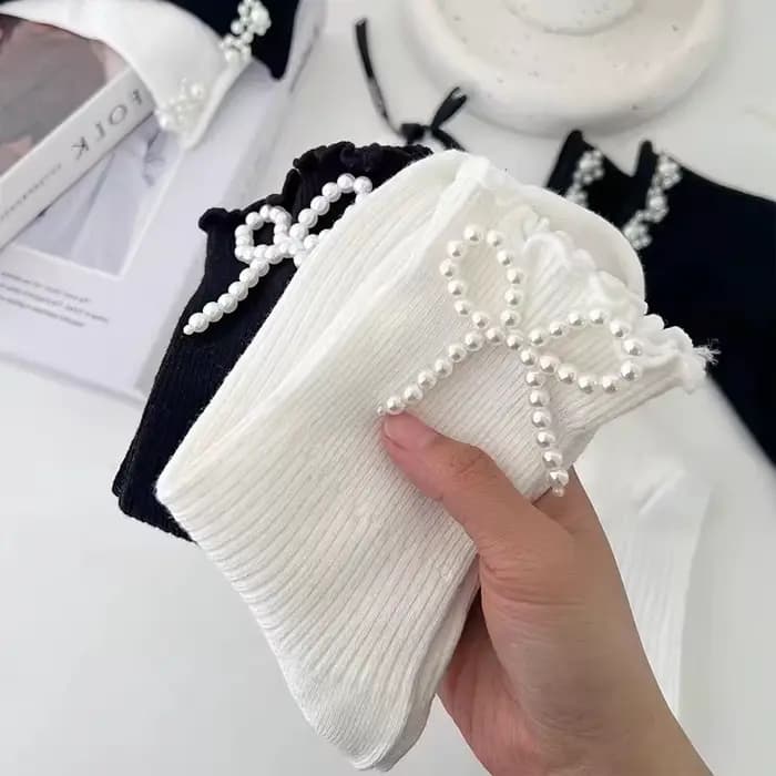 Femmes chaussettes coton femme mince mignon doux Kawaii Lolita Harajuku été perle bas dentelle chaussette blanc noir à volants filles Sox