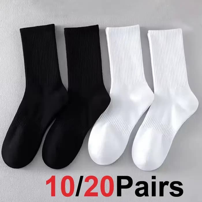 20 paires de chaussettes hautes en pur coton pour hommes, classiques noires/blanches, respirantes, absorbant la transpiration, chaudes, élastiques, chaussettes de sport