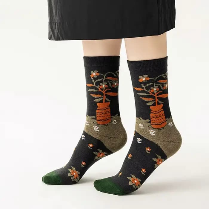 Chaussettes mi-mollet fines à motif floral style rétro français pour femmes et jeunes filles