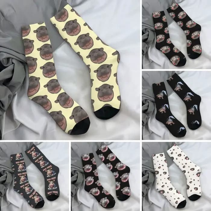 Moo Deng Pygmy Hippo criant chaussettes Kawaii bas unisexe hommes qualité cyclisme