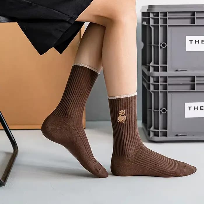 Chaussettes pour femmes à motif ours de dessin animé, style coréen décontracté, en coton doux, couleur café automne, Kawaii