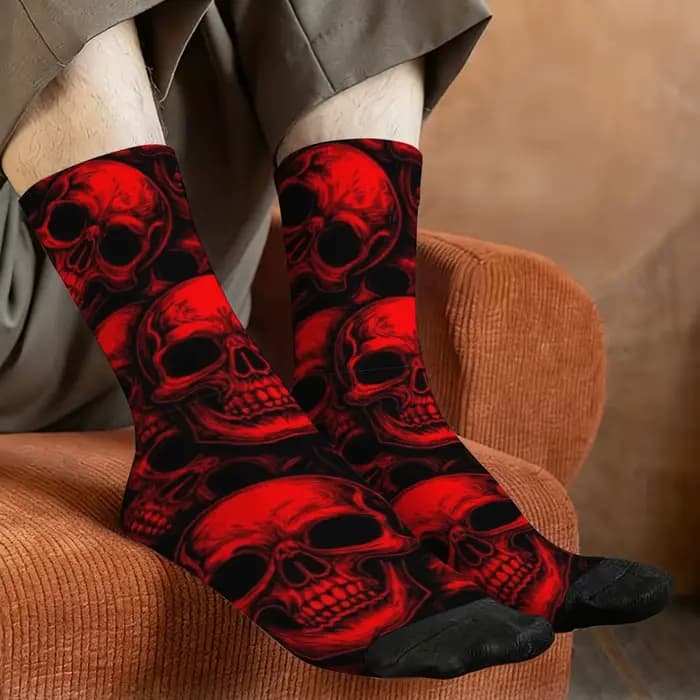 Chaussettes Homme Légères et Ajustées Rouge et Noir à Motif Crâne pour Usage Quotidien