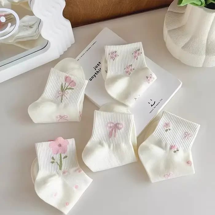 5 paires de chaussettes roses à nœud papillon et fleurs