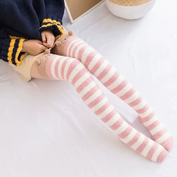 Kawaii japonais Animal imprimé genou chaussettes rayé mignon belle longue cuisse haute