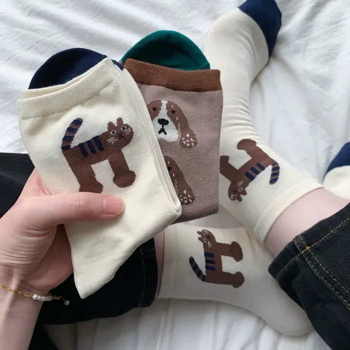 Chaussettes pour femmes en coton, mignonnes et décontractées, imprimées de dessins animés (chien, chat, tigre), courtes, mi-mollet, style streetwear, Calcetines Mujer