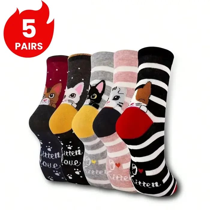 5 paires de chaussettes pour femmes avec motifs de chats