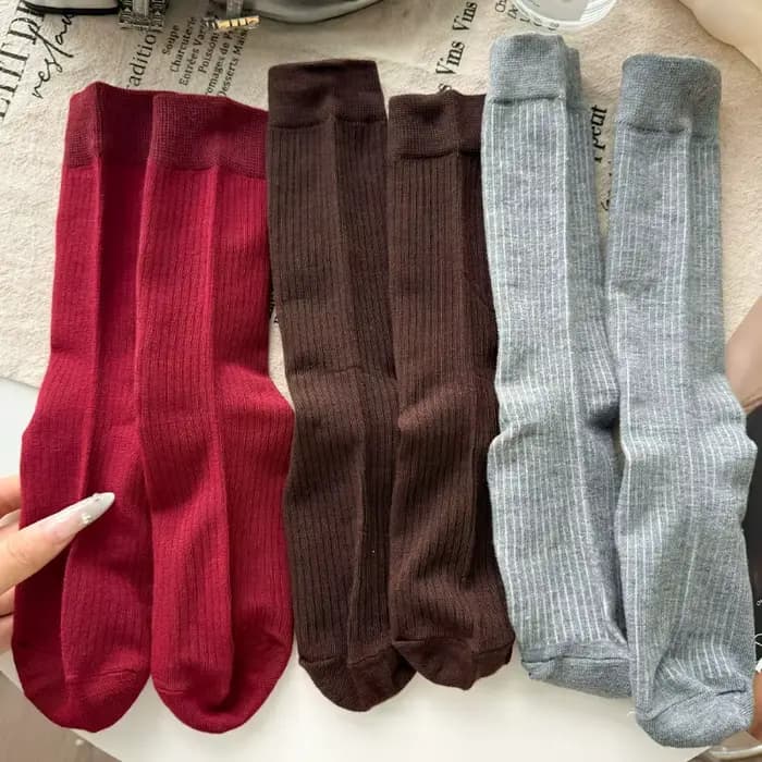 Vin rouge chaussettes longues femmes bas coton couleur unie chaud cuisse haute dames filles rue mode tricoté genou