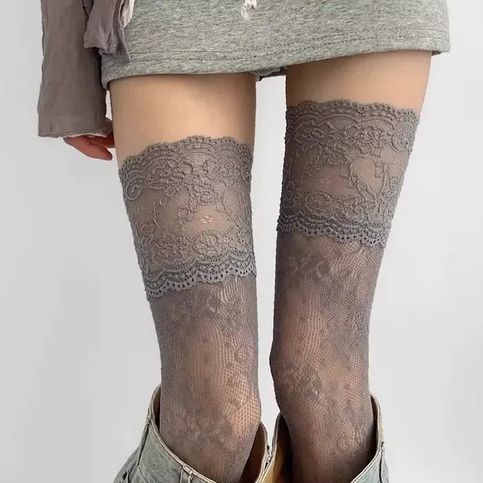 Chaussettes JK pour femmes, au-dessus du genou, sexy, en nylon, à dentelle, résille, motif floral rétro, respirantes, taille haute, longues