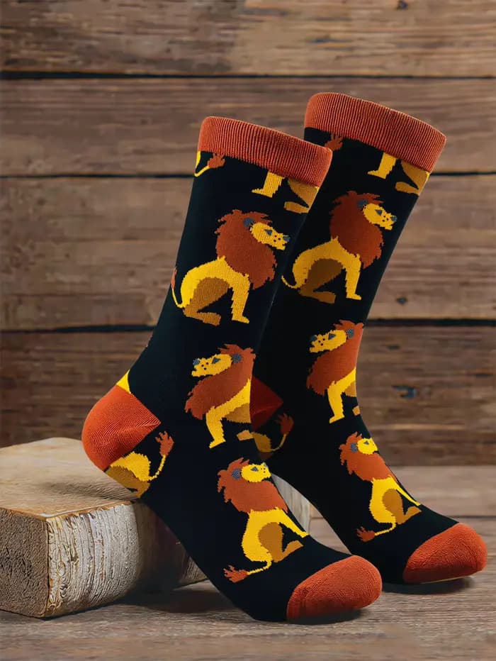 1 Paire de Chaussettes Mi-Mollet pour Hommes à Motif Animalier Original (Lion