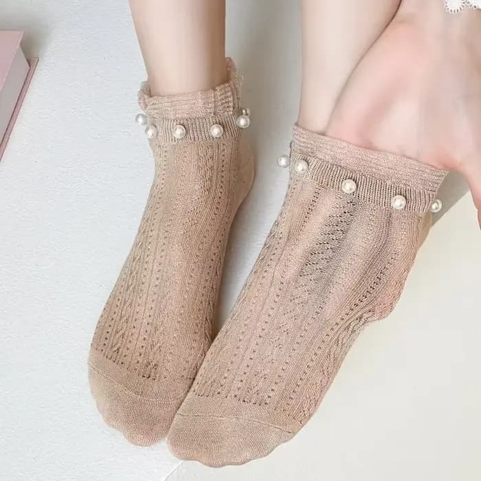 Chaussettes à volants en dentelle pour femmes, maille ajourée, fines, respirantes, Tube bas, couleur unie, en coton, douces filles, chaussettes courtes Kawaii avec perles