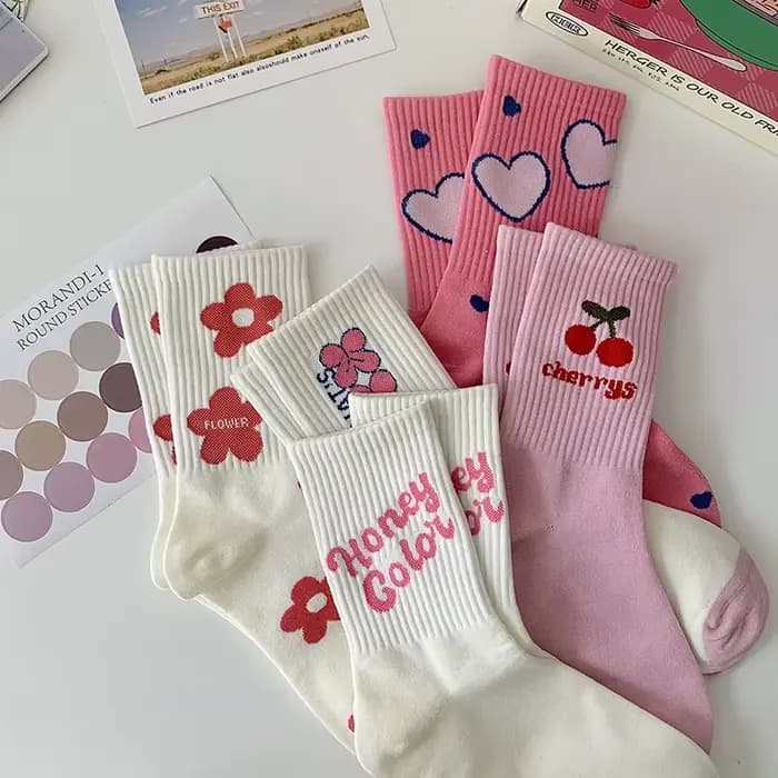 Chaussettes décontractées en coton Harajuku pour femmes et filles, fleur rose, mode, mignon, doux, coréen, japonais, Kawaii