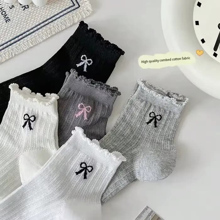 5 paires de chaussettes courtes Lolita en dentelle rose avec nœud pour femmes et filles