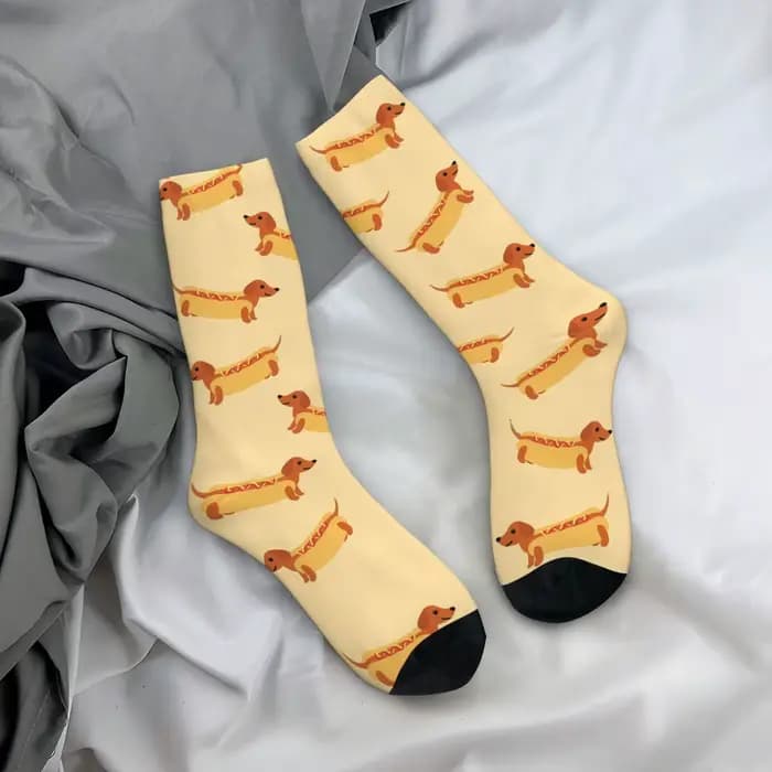 Chaussette folle drôle pour hommes Hot Dog Hip Hop Harajuku teckel heureux motif respirant imprimé garçons équipage