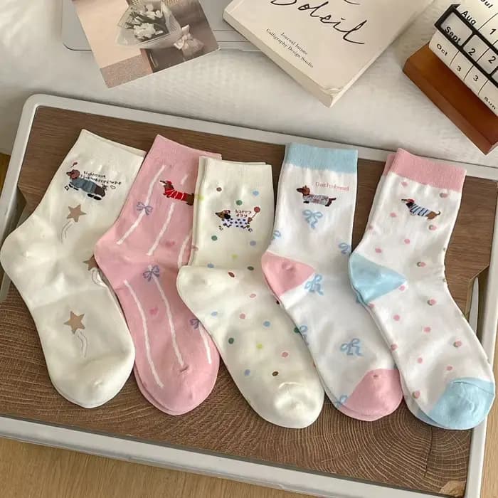 1/3/5 paires dessin animé teckel femmes mi-mollet chaussettes printemps été coton Kawaii mignon équipage chaussettes à la mode nouveauté chaussettes