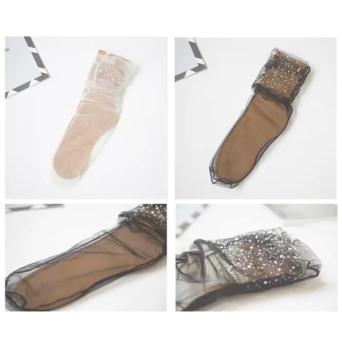Chaussettes élastiques en dentelle pour femmes, chaussettes en maille à paillettes de cristal, chaussettes courtes transparentes