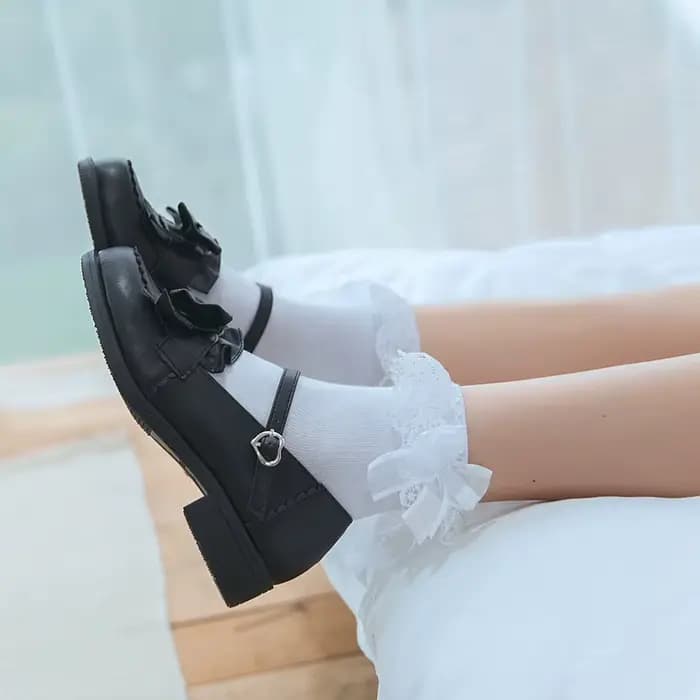 Lolita femmes Harajuku rétro dentelle chaussettes avec nœud cheville JK froufrous à volants coton princesse filles mariage danse blanc mignon Ballet