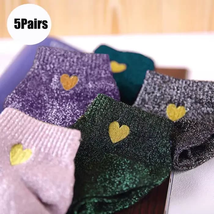 5 paires/ensemble femmes filles brodé amour coeur paillettes brillant chaussettes argent coloré mode drôle respirant