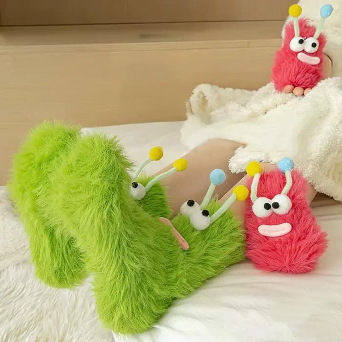 Femmes automne hiver chaussettes mignon mi-tube moelleux sol sommeil drôle velouté chaud épais heureux laid