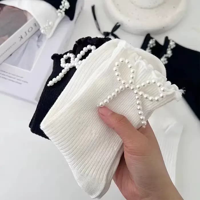 Chaussettes en coton pour femmes, fines, mignonnes, douces, Kawaii, Lolita, Harajuku, chaussettes d'été avec perles, blanches, noires, à volants, chaussettes en dentelle pour filles