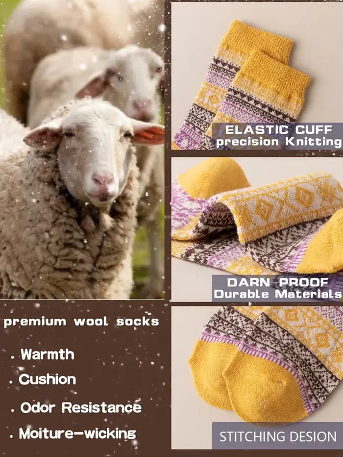 5 paires de chaussettes en laine pour femmes, styles automne et hiver - chaussettes longues tricotées et rembourrées à parois épaisses pour plus de chaleur