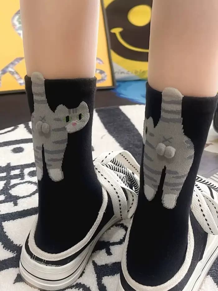 Chaussettes 3D Mignonnes Chat Noir/Blanc, Chaussettes Drôles Chat Respirantes et Douces pour Filles et Femmes, Chaussettes Fantaisie Kawaii, Ensemble Cadeau