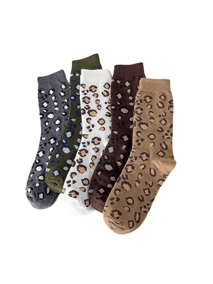 5 paires mode femmes chaussettes imprimé léopard printemps automne haute rue populaire mignon
