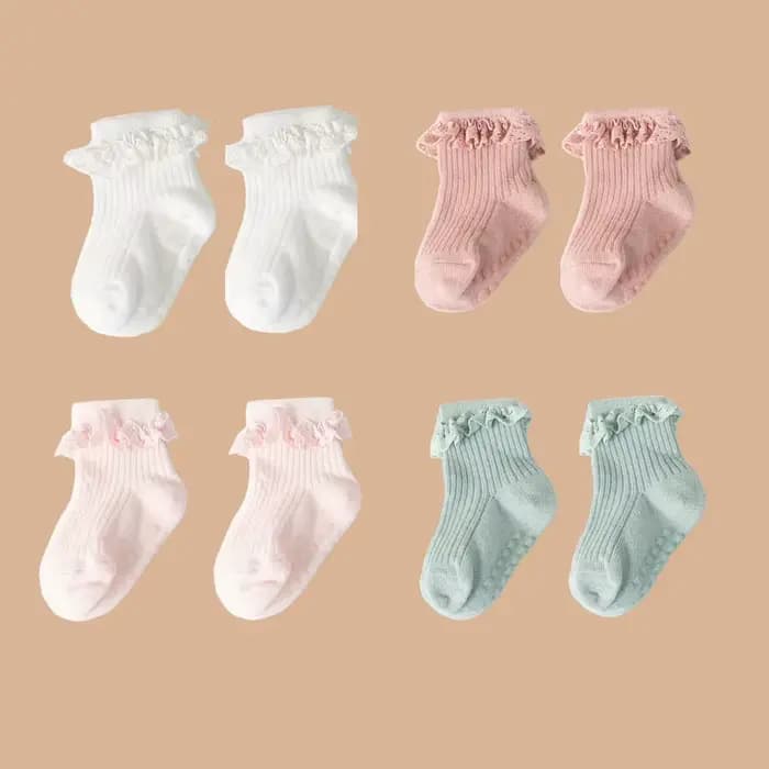 Lot de 2 paires de chaussettes en dentelle de couleur unie pour bébé fille de 0 à 6 mois