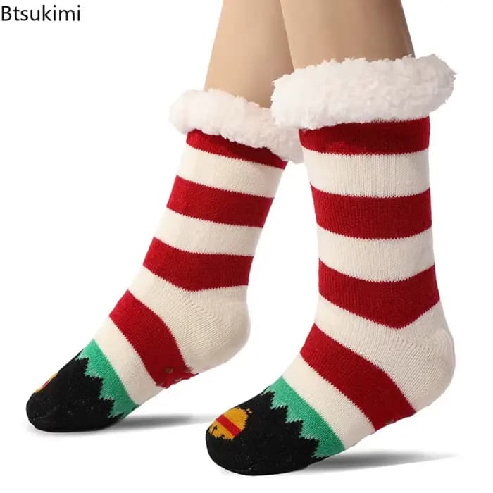 Nouvelles chaussettes pantoufles thermiques douces et chaudes en peluche antidérapantes à rayures pour femmes, collection Noël 2026