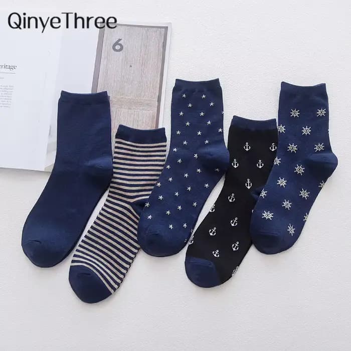 Chaussettes rayées en coton bleu marine pour hommes