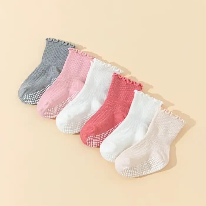 6 paires de chaussettes de marche antidérapantes blanches pour bébé, avec bordure à motif grain de bois, adaptées à l'usage quotidien des enfants