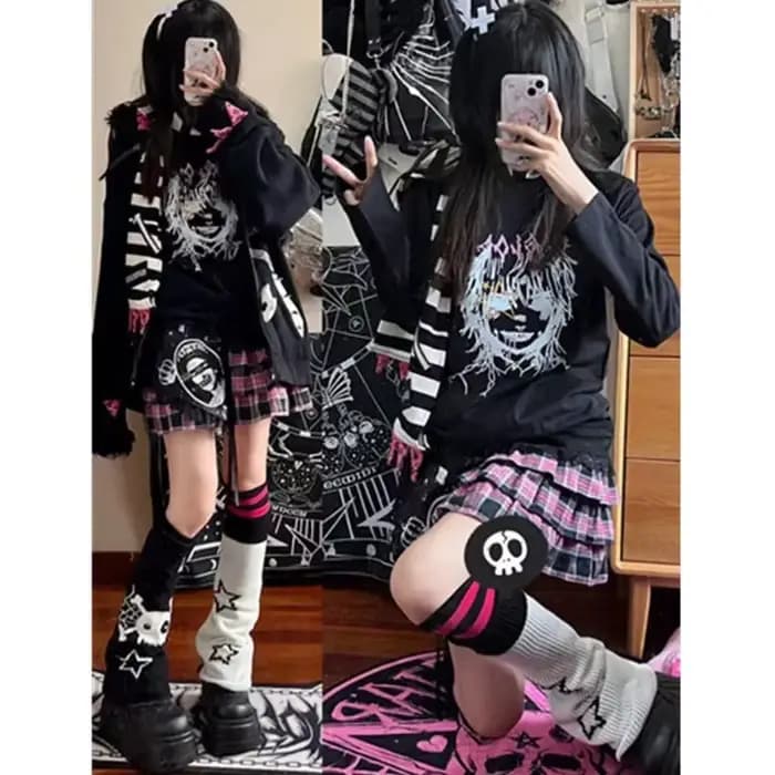 Punk Women Leg Socks Gothic Skull Star Halloween Accessories Leg Warmers Knitted Socks Y2K Hot Girl Women JK Thigh High Socks