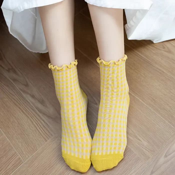 Chaussettes femme automne à carreaux rétro Vintage coton