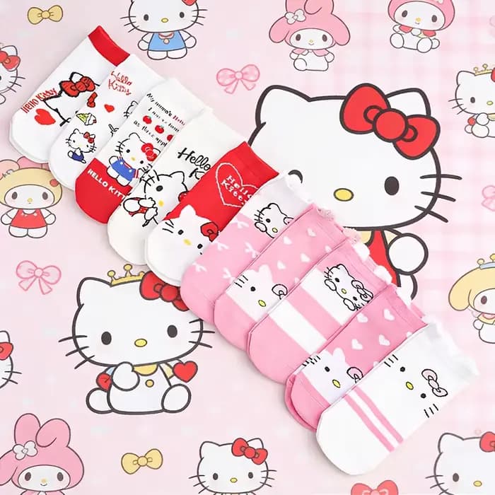 Sanrio 5 paires de chaussettes droites polyvalentes à motif de la série Hello Kitty, à la mode, douces et mignonnes, pour femmes, printemps/été