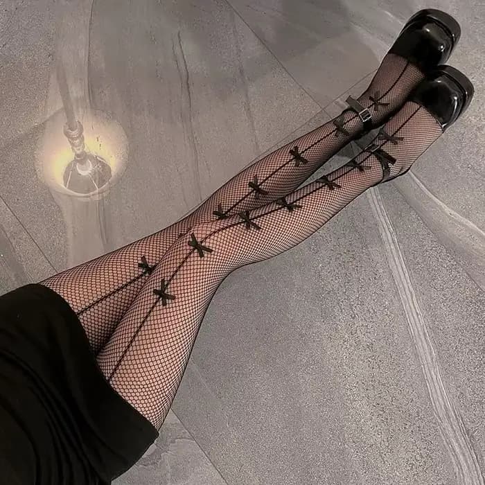 Collants résille transparents et fins pour femmes, Sexy, ajouré, noir et blanc, gothique, Lolita JK, bas en maille avec nœud papillon mignon