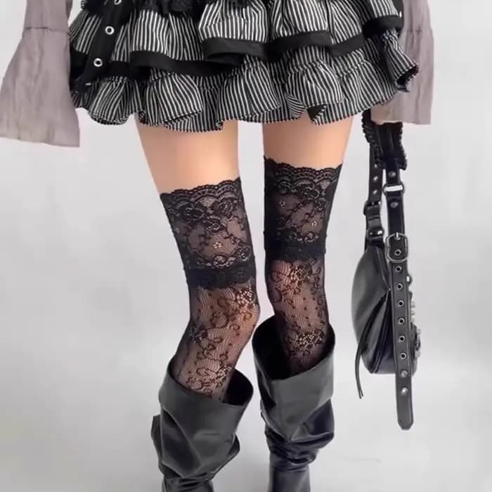 Chaussettes JK pour femmes, au-dessus du genou, sexy, en nylon, à dentelle, résille, motif floral rétro, respirantes, taille haute, longues