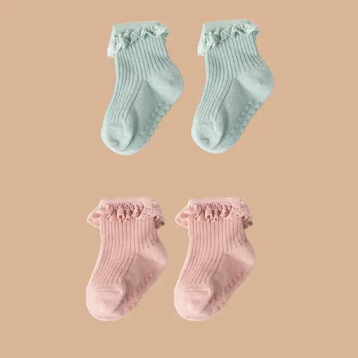 Lot de 2 paires de chaussettes en dentelle de couleur unie pour bébé fille de 0 à 6 mois