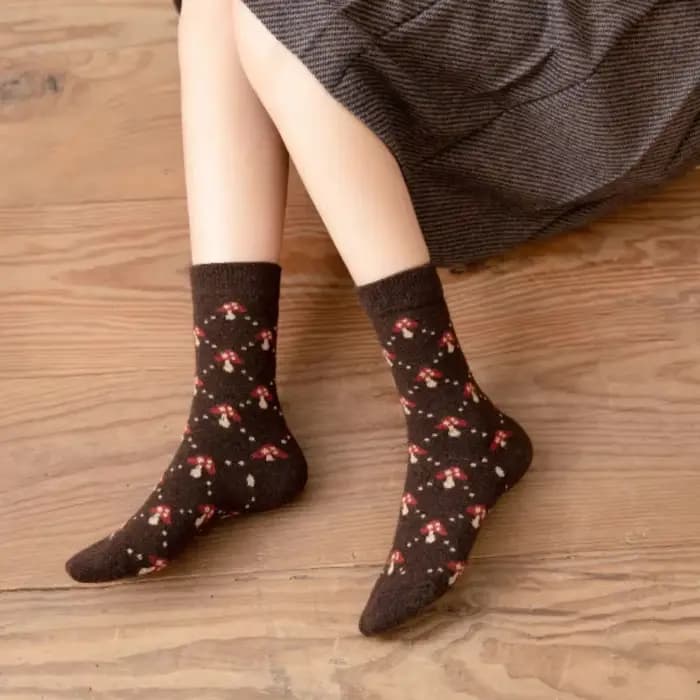 Chaussettes chaudes en laine épaisse, chaussettes tubulaires décontractées, automne et hiver, chaudes et confortables, en coton, damier, champignon, mignonnes