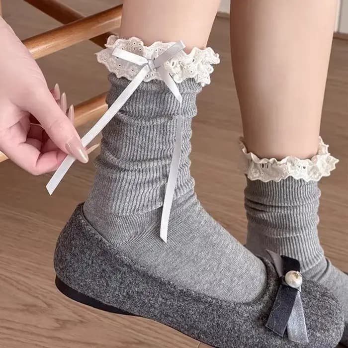 Harajuku automne couleur unie dentelle nœud Lolita à volants chaussette pour femmes Kawaii