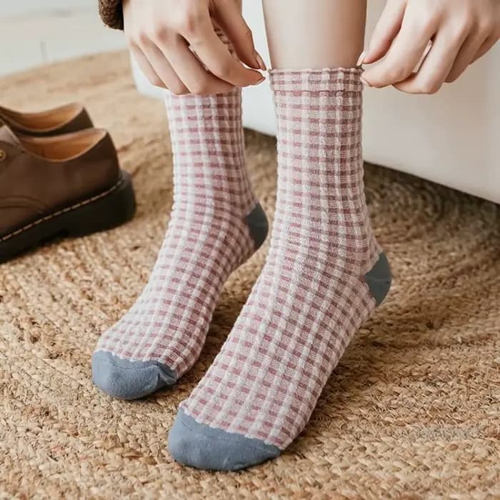 Chaussettes pour femmes automne à carreaux rétro Vintage coton