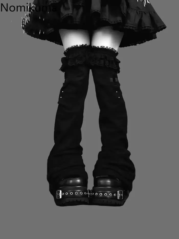 Doux Harajuku femmes Y2k fille dentelle à volants gothique Lolita sur genou haute chaussette Kawaii longues chaussettes couvre-pied Grunge Punk jambières