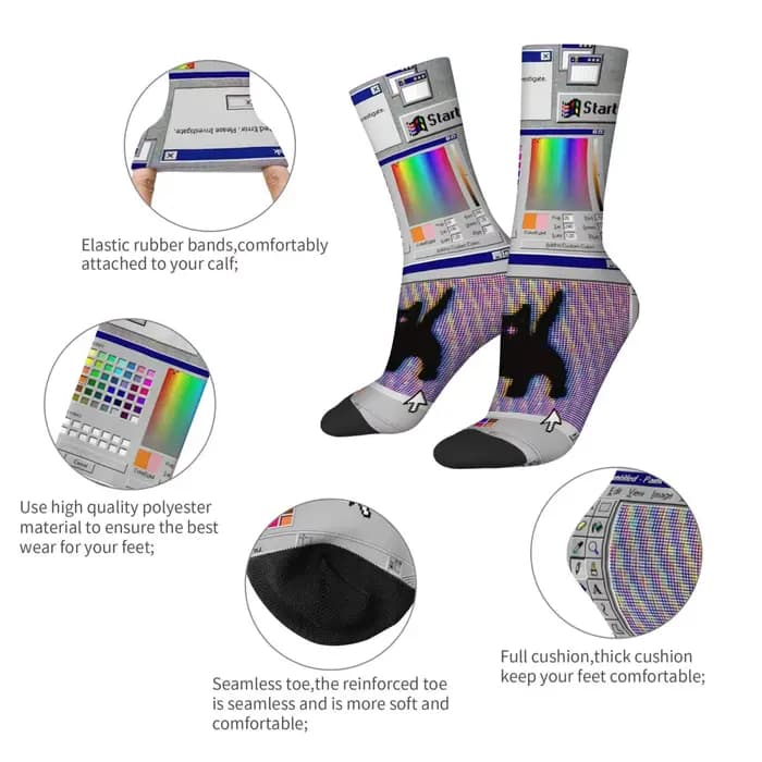Cyber Chaussettes pour hommes imprimées avec motif fenêtre pop-up de panne de système informatique rétro