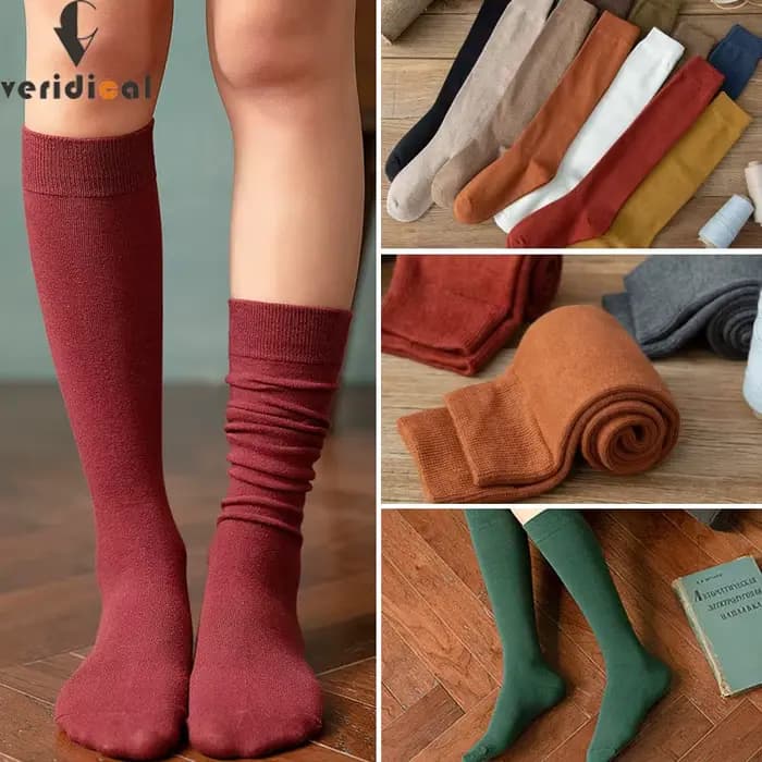 Chaussettes longues femmes bas coton biologique solide chaud cuisse haute dames filles rue mode jeune décontracté genou