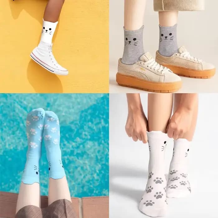 5 paires de chaussettes pour femmes en coton avec motif de pattes de chat