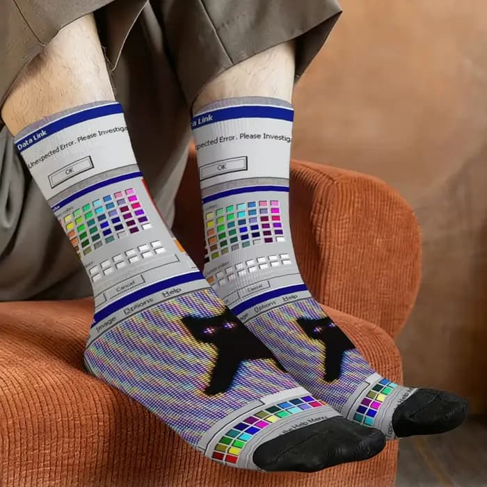 Cyber Chaussettes pour hommes imprimées avec motif fenêtre pop-up de panne de système informatique rétro